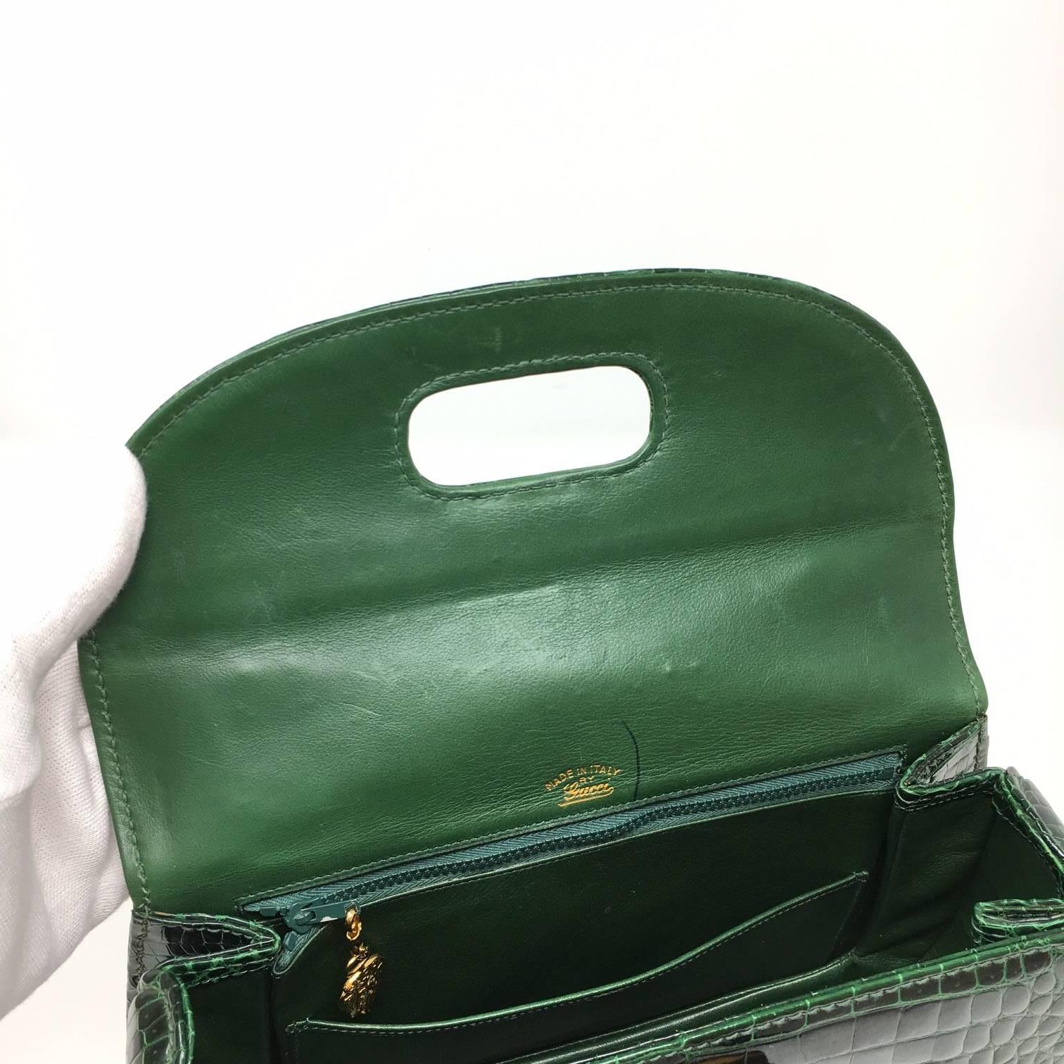 Gucci  Vintage Bamboo Green Crocodile Leather Bag 5