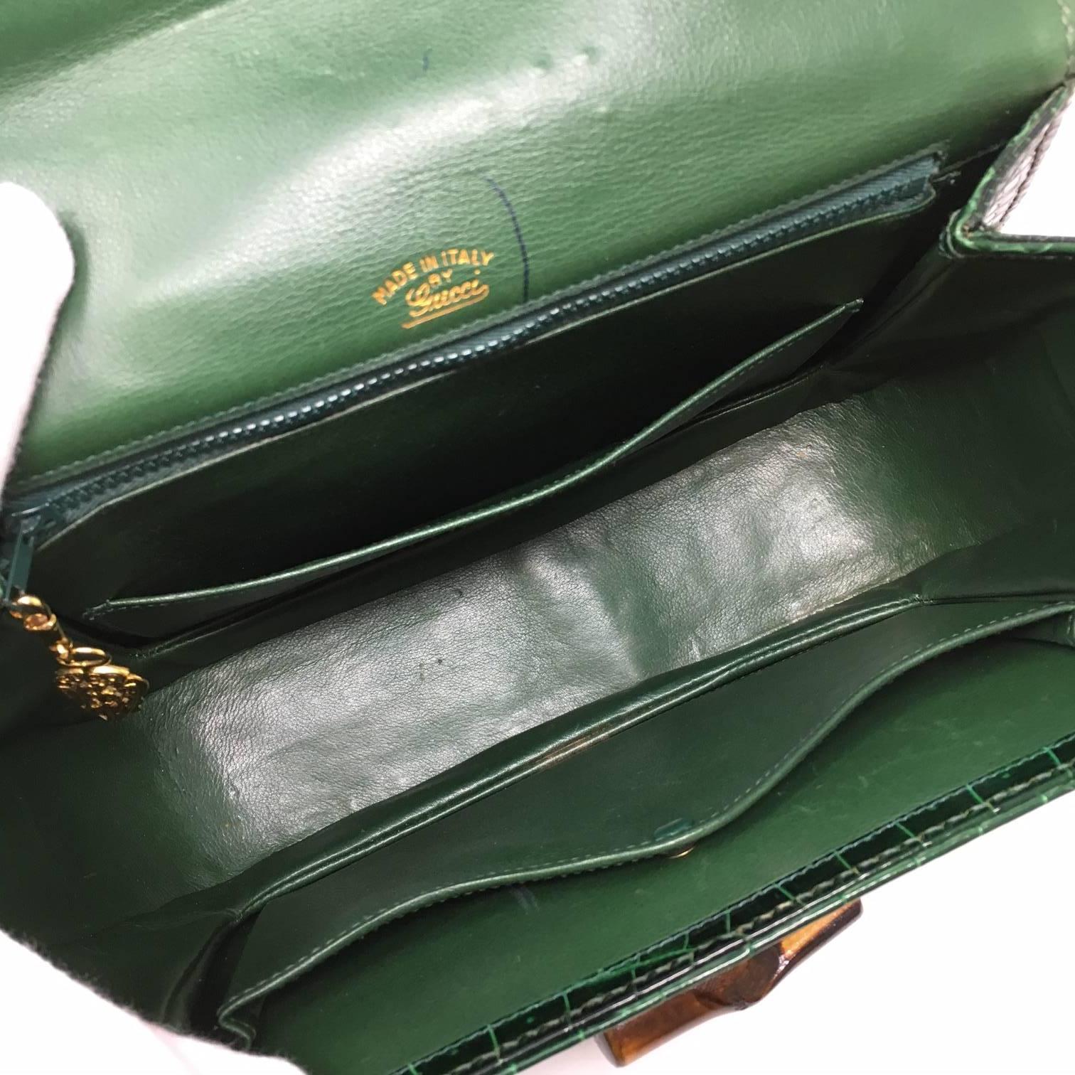 Gucci  Vintage Bamboo Green Crocodile Leather Bag 7