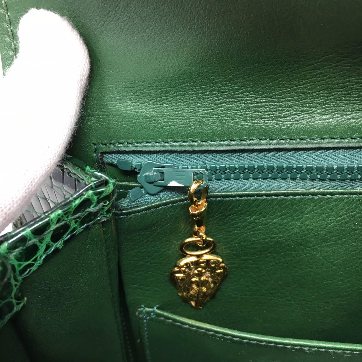 Gucci  Vintage Bamboo Green Crocodile Leather Bag 8