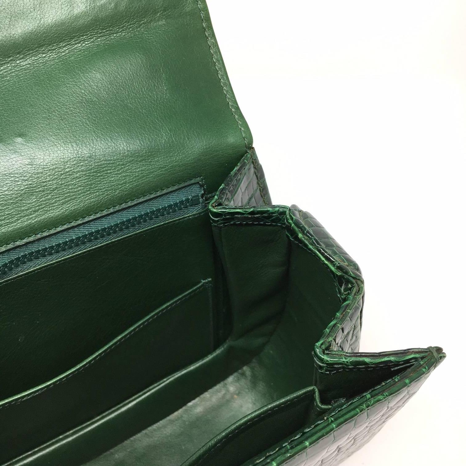 Gucci  Vintage Bamboo Green Crocodile Leather Bag 9