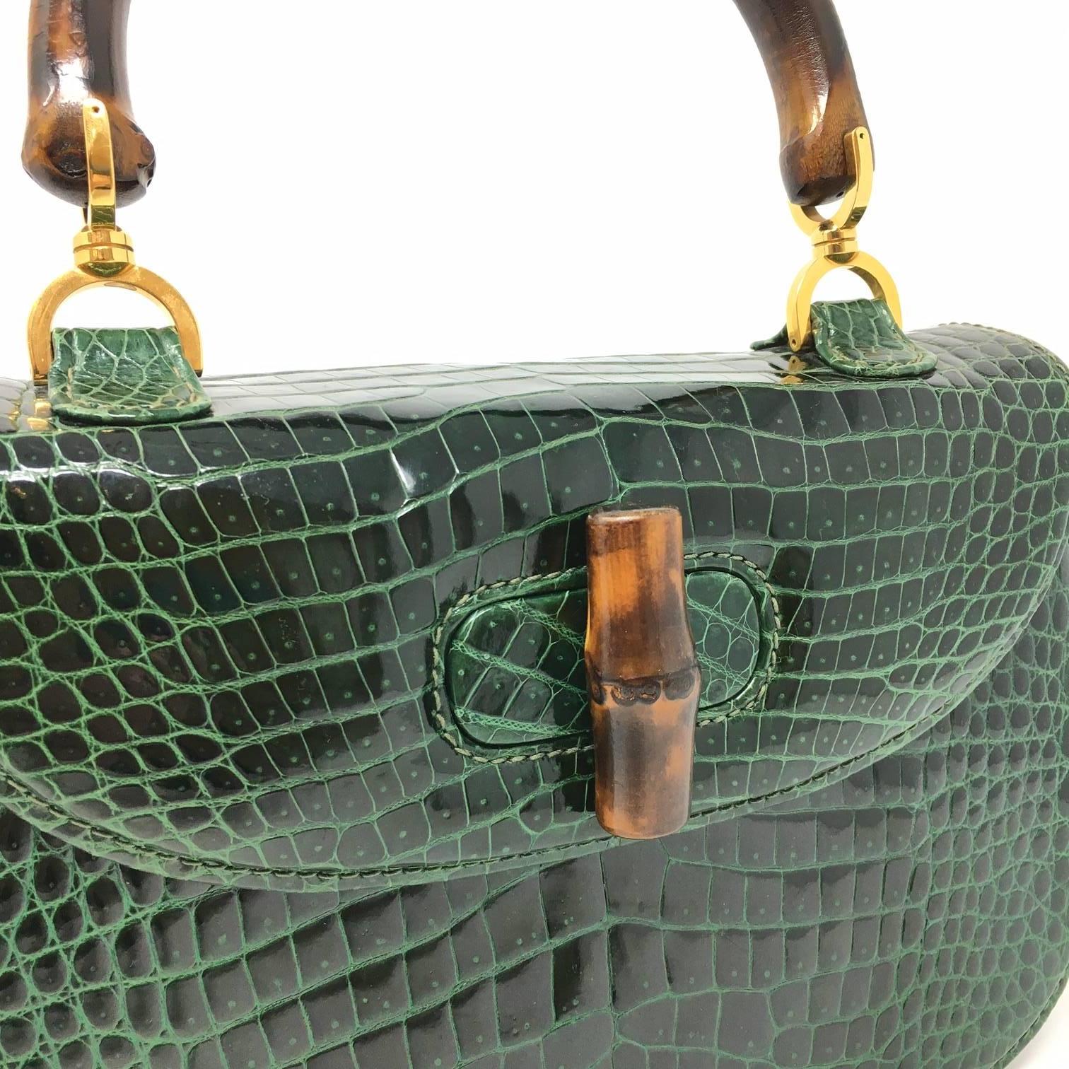 Gucci  Vintage Bamboo Green Crocodile Leather Bag In Good Condition In Milan, IT
