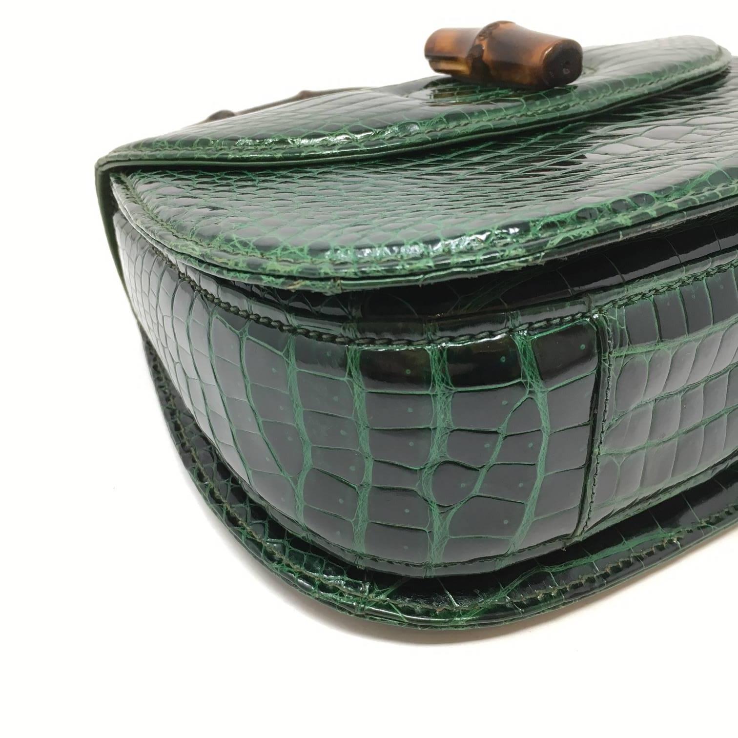 Gucci  Vintage Bamboo Green Crocodile Leather Bag 1