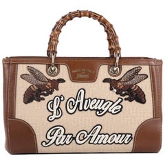 Gucci Bamboo Web Shopper Tote Embroidered Cross Stitch Canvas Medium