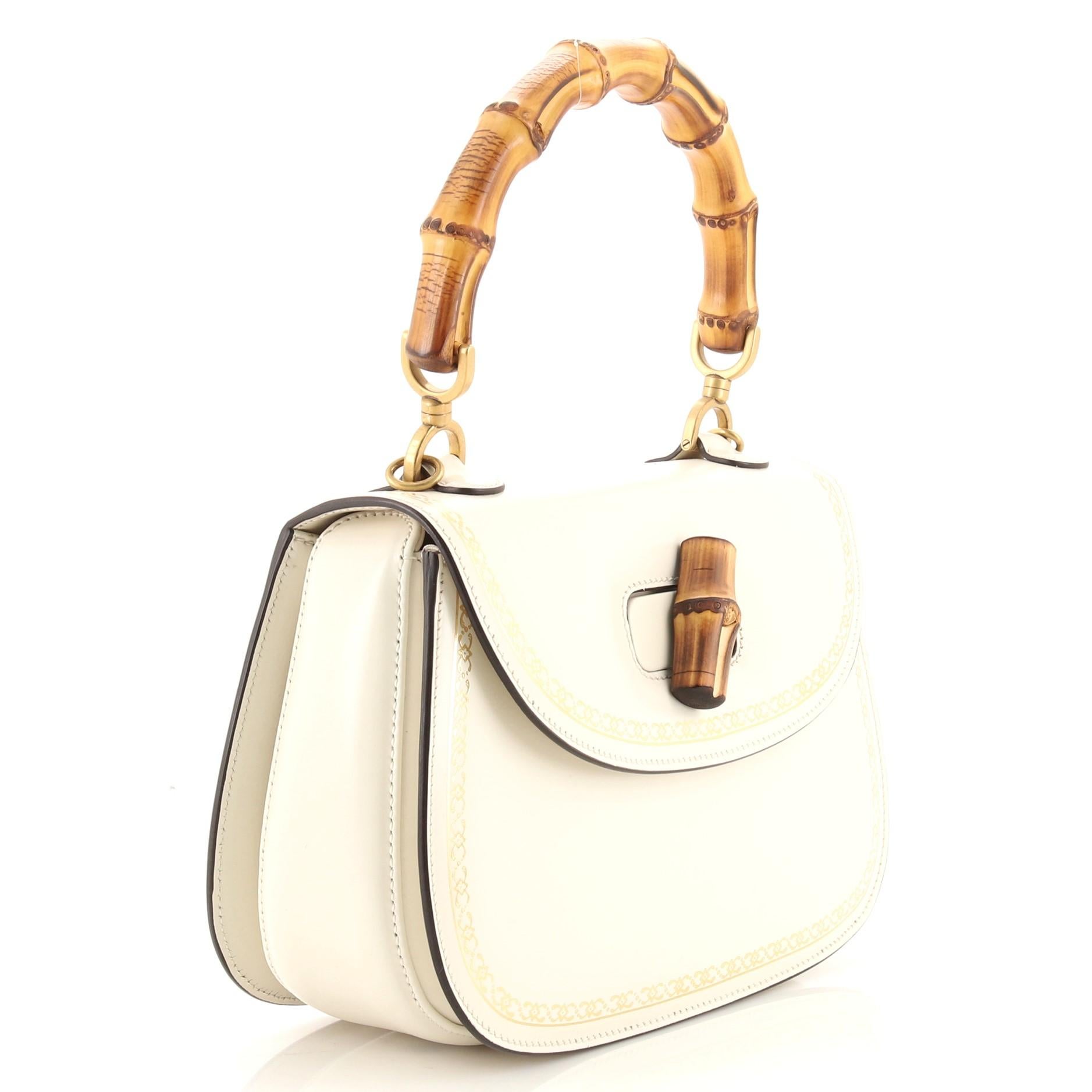 White Gucci Bamboo Web Top Handle Bag Printed Leather Medium