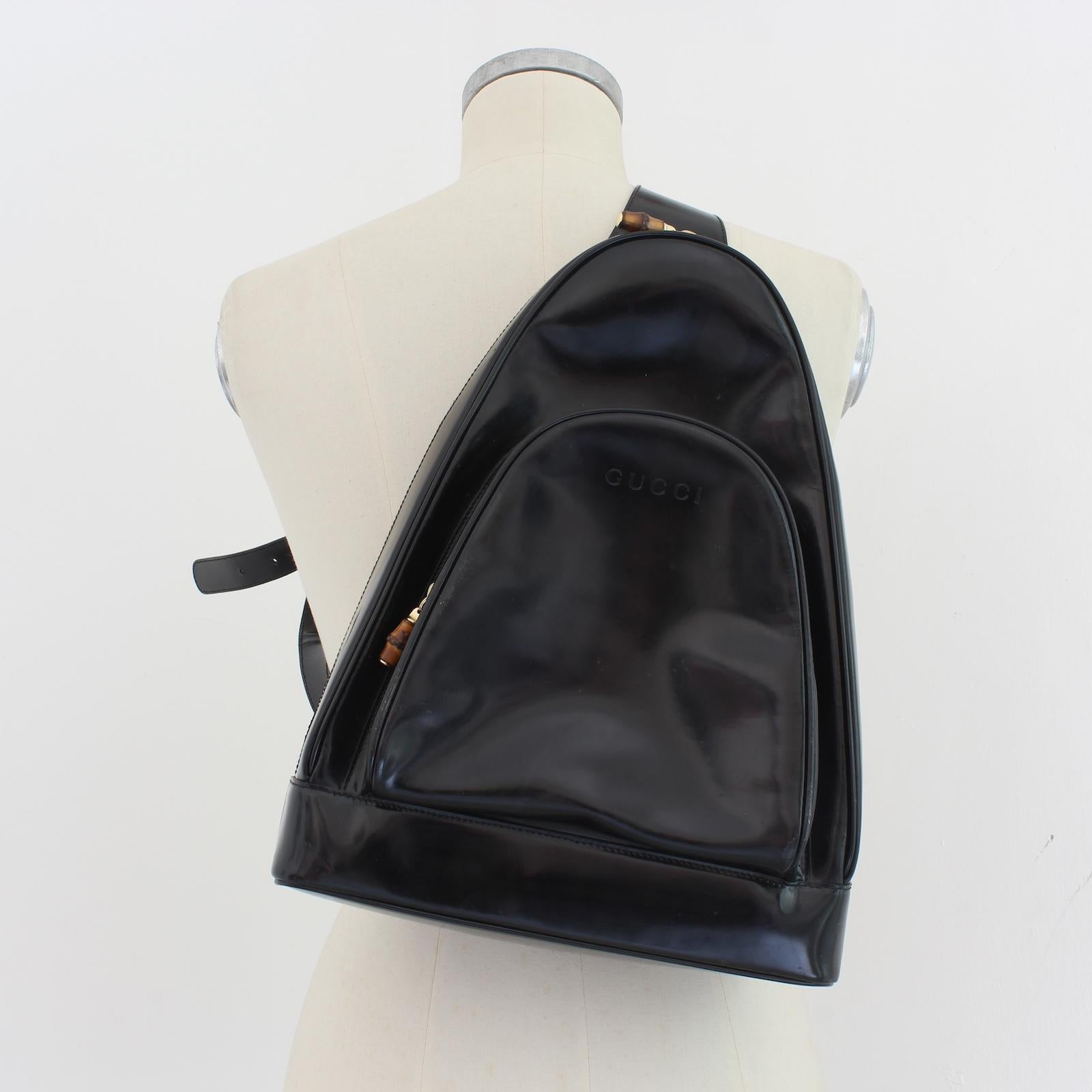 Gucci Bamboo Zaino Monospalla Borsa Nero Pelle Vintage Anni 90 5