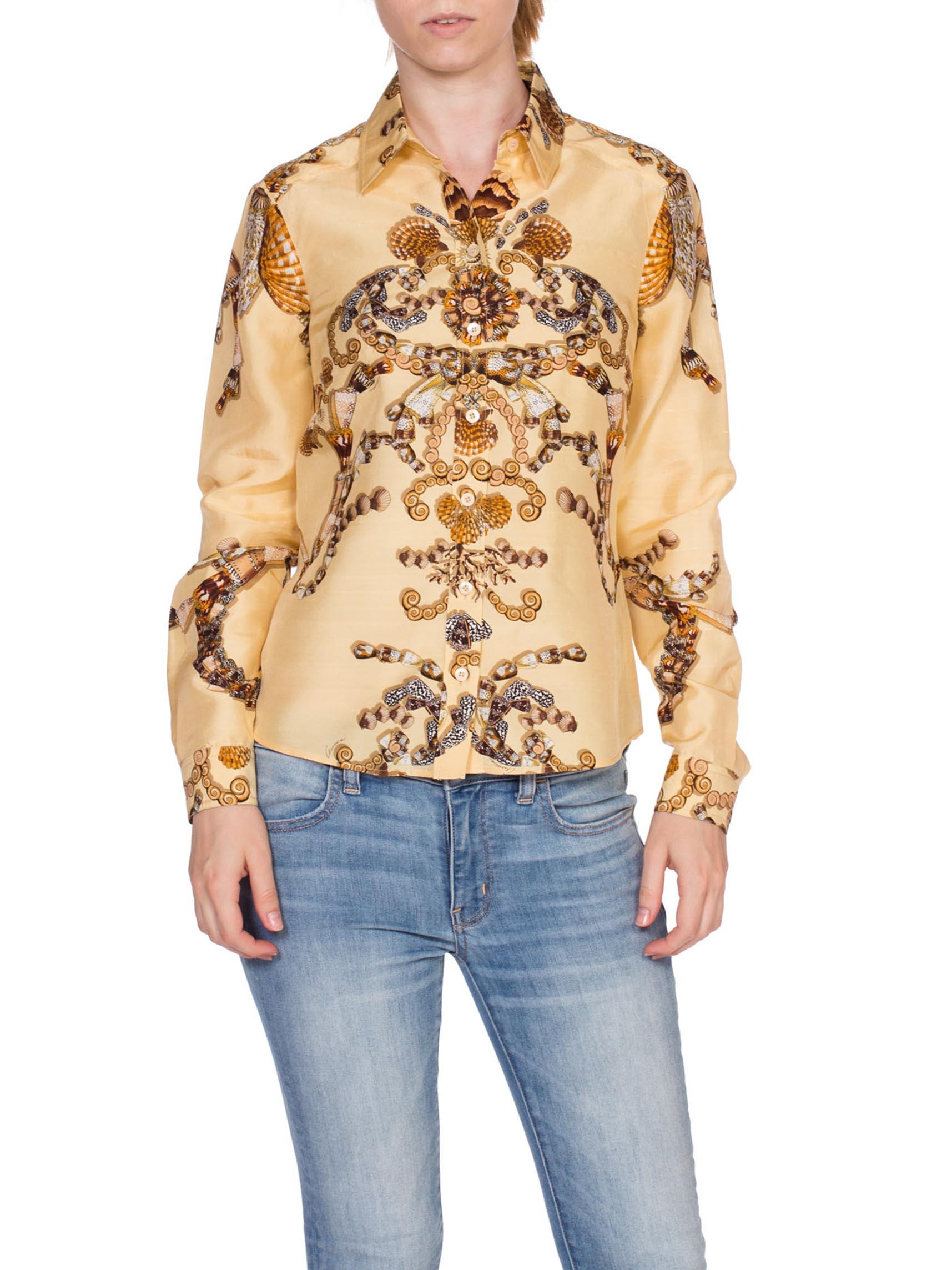 Orange 2000S GUCCI Silk Baroque Seashell Status Print Shirt Sz 40