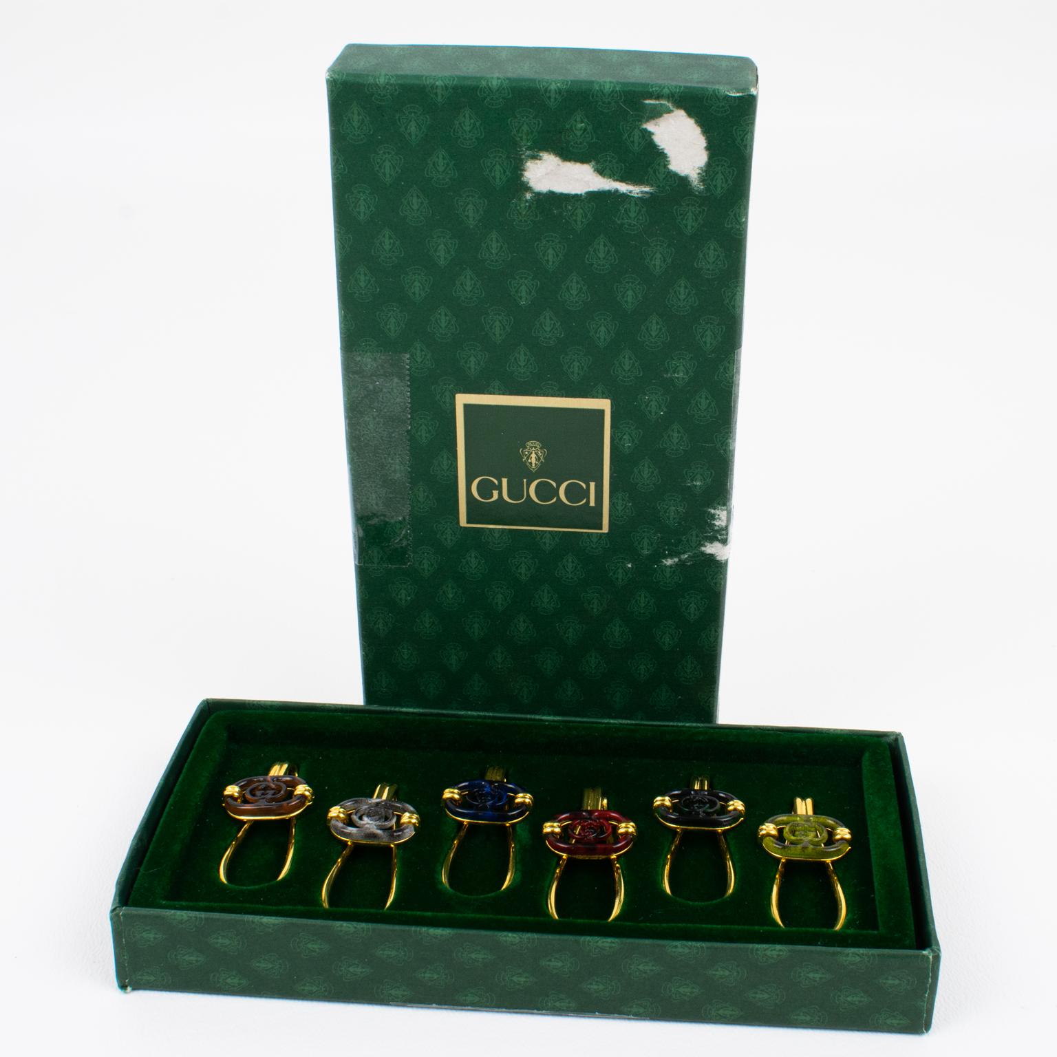 Italian Gucci Barware Gold Plated and Enamel Cocktail Glass Makers Set in Box, 1980s For Sale