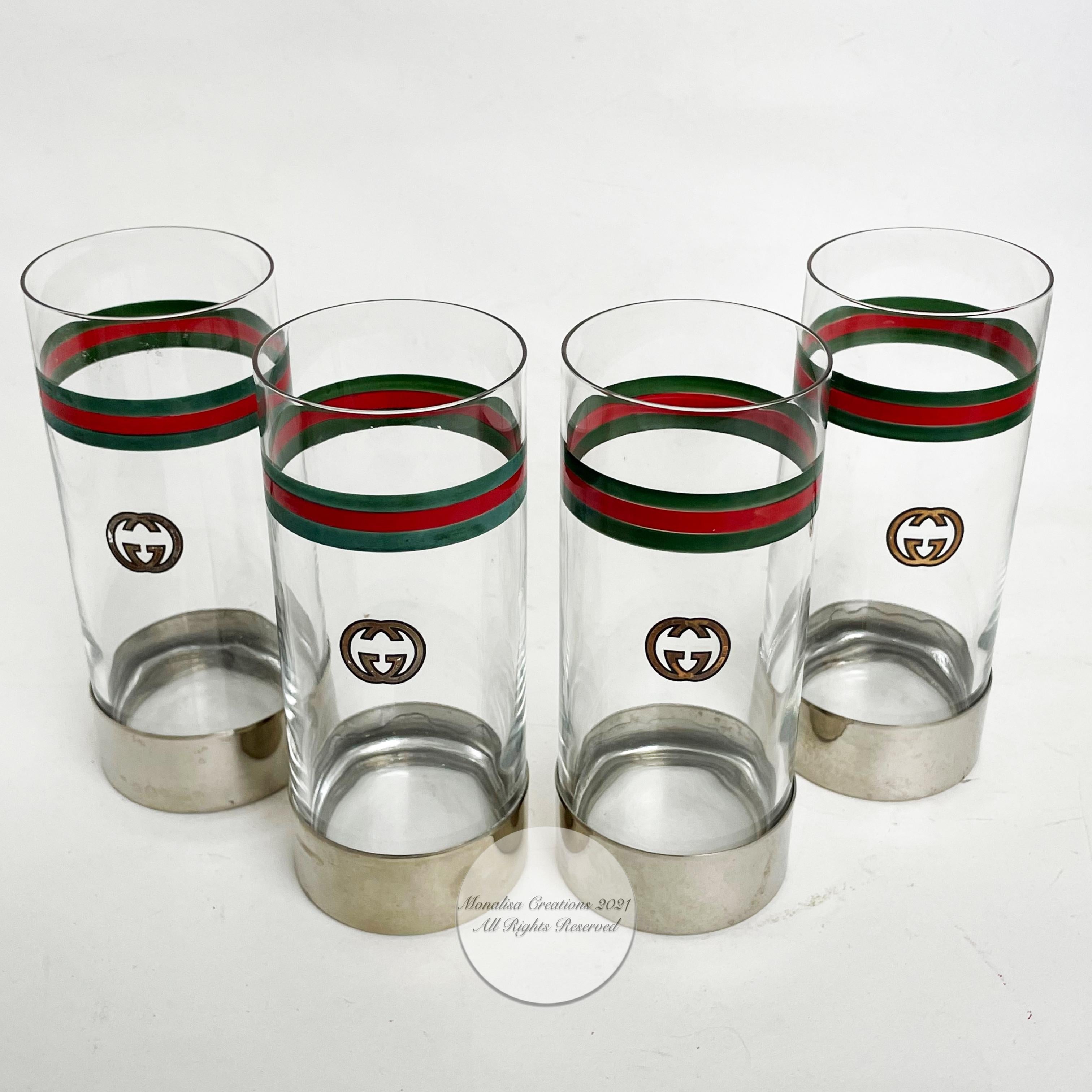 Gray Gucci Barware Highball Glasses Set of 4 GG Logo Webbing Vintage 80s  