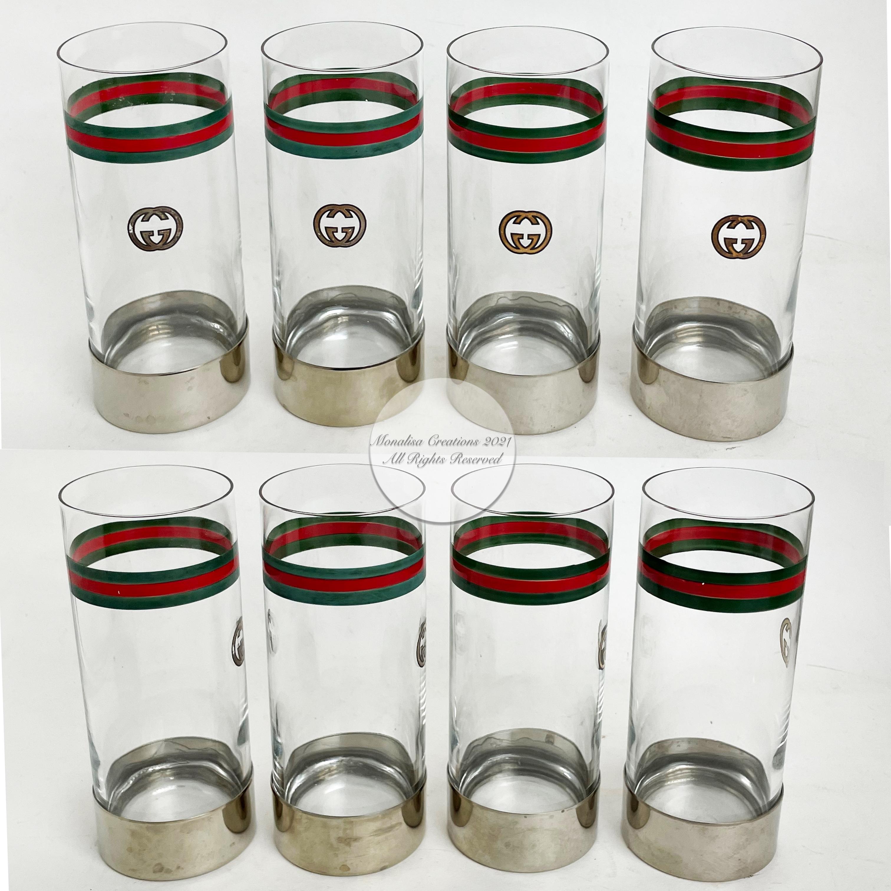 Gucci Barware Highball Glasses Set of 4 GG Logo Webbing Vintage 80s   In Good Condition In Port Saint Lucie, FL