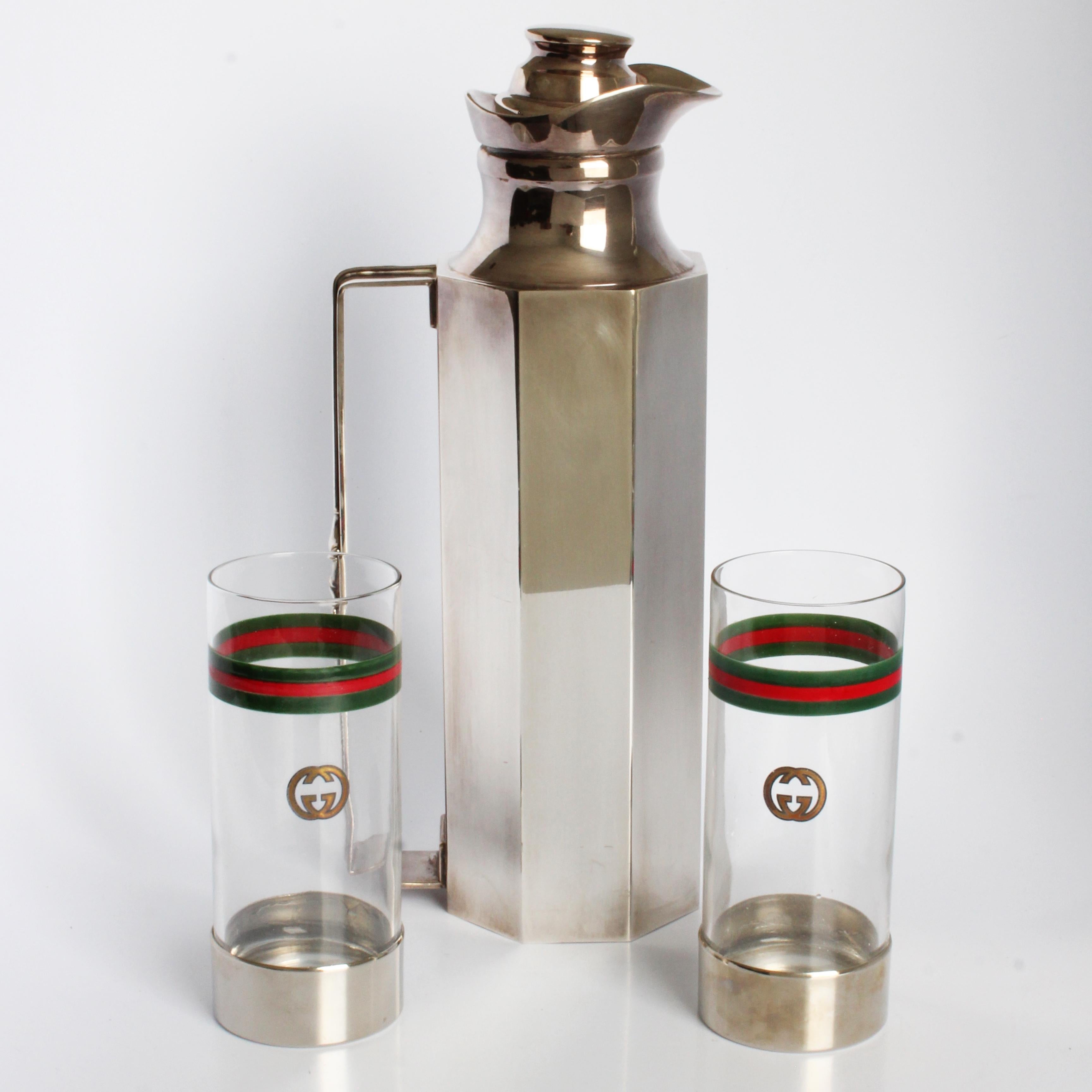 Gucci Barware Set 3pc GG Logo Highball Glasses Horse Bit Decanter Vintage 1970s In Good Condition For Sale In Port Saint Lucie, FL
