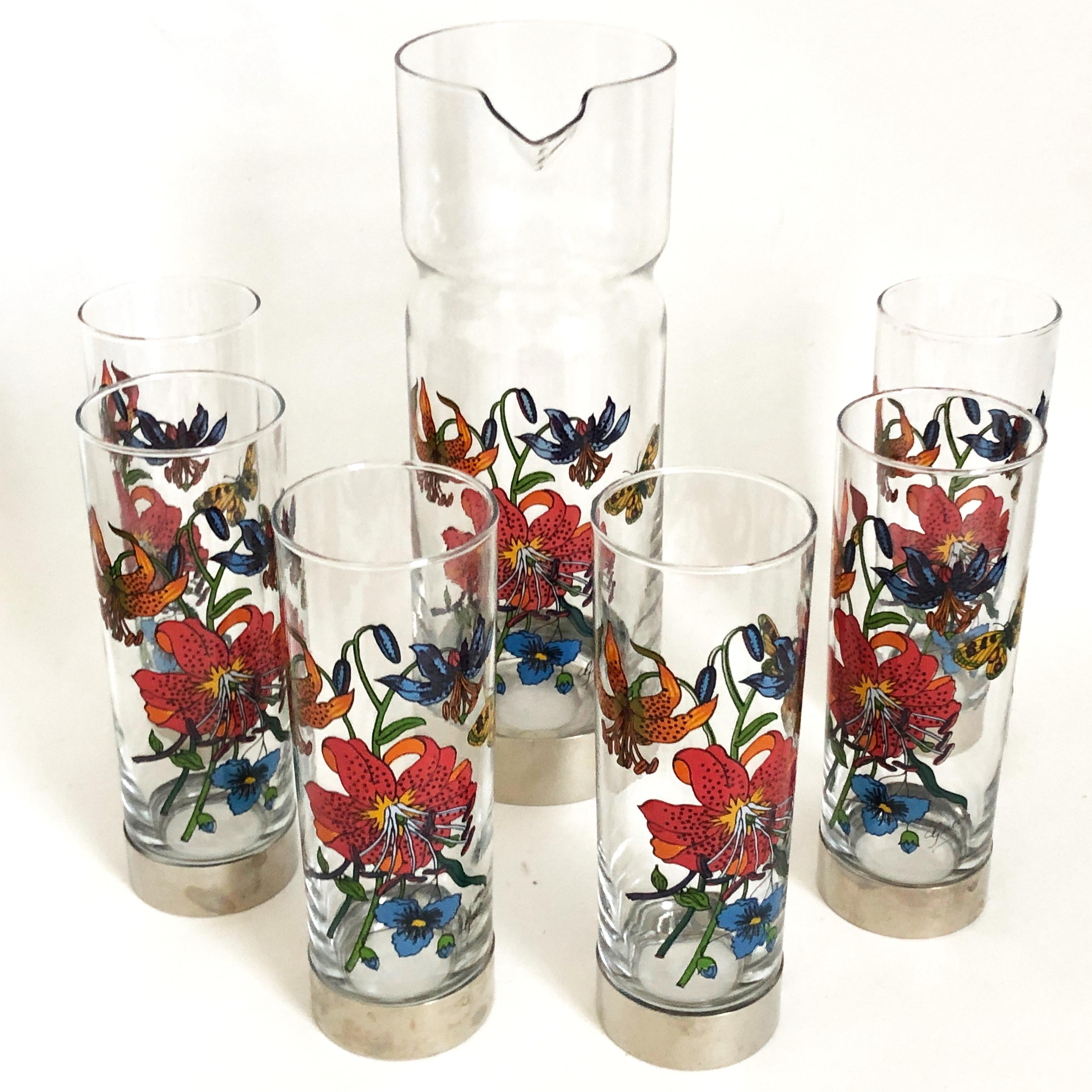 Extremely hard to find 7pc barware set by Gucci, circa the 80s.  Set includes six high ball glasses & 1 decanter, all with the 
