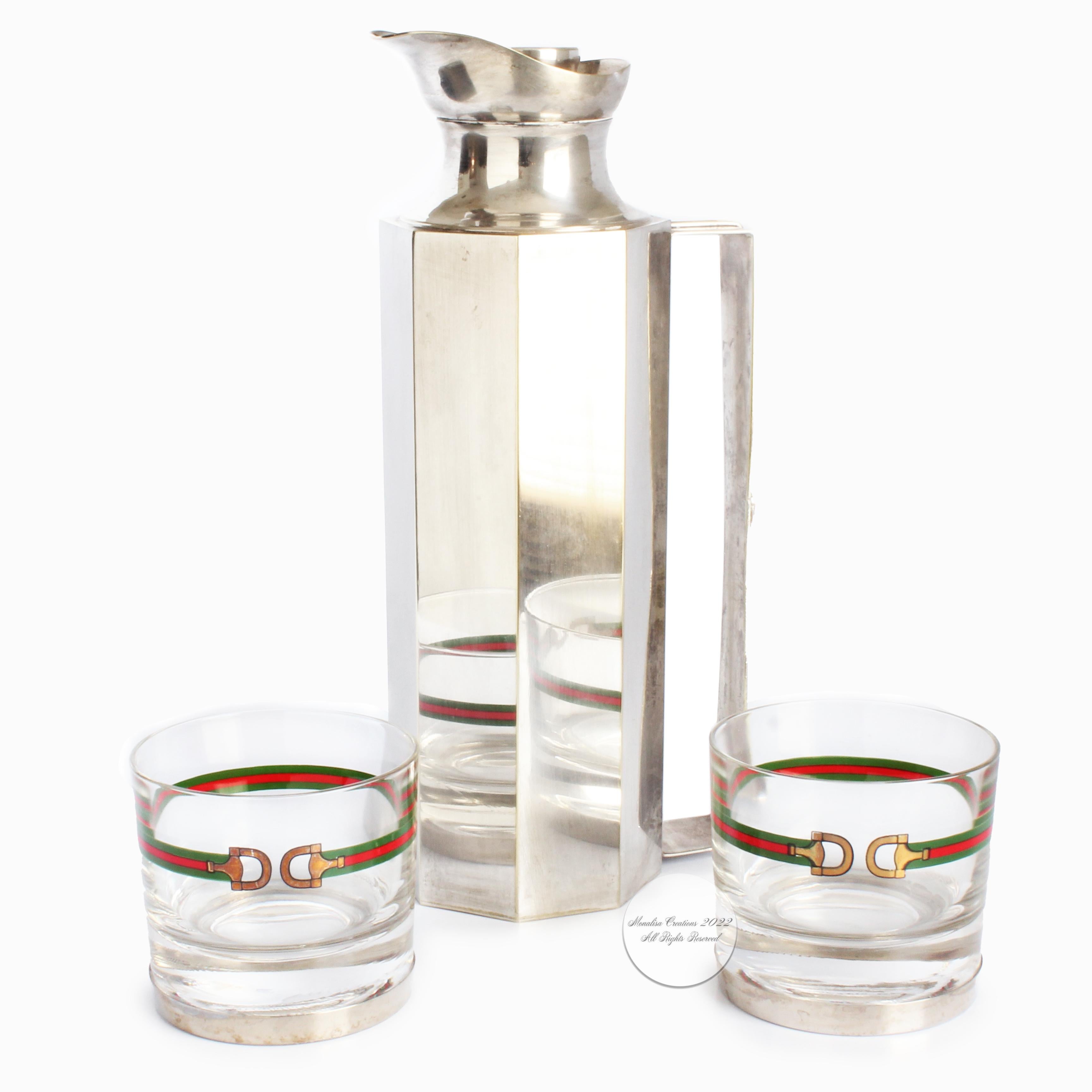 Preowned, authentic, vintage Gucci barware horse bit motif cocktail glasses and silver plate decanter, circa the 70s.  Set includes 2 cocktail glasses, made of crystal with silver plate base and 1 silver plate decanter with lid.  Fabulous home decor
