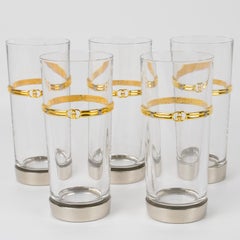 Gucci Barware Silver Plate and Crystal HighBall Tumbler Glasses, 5 pc circa 1970
