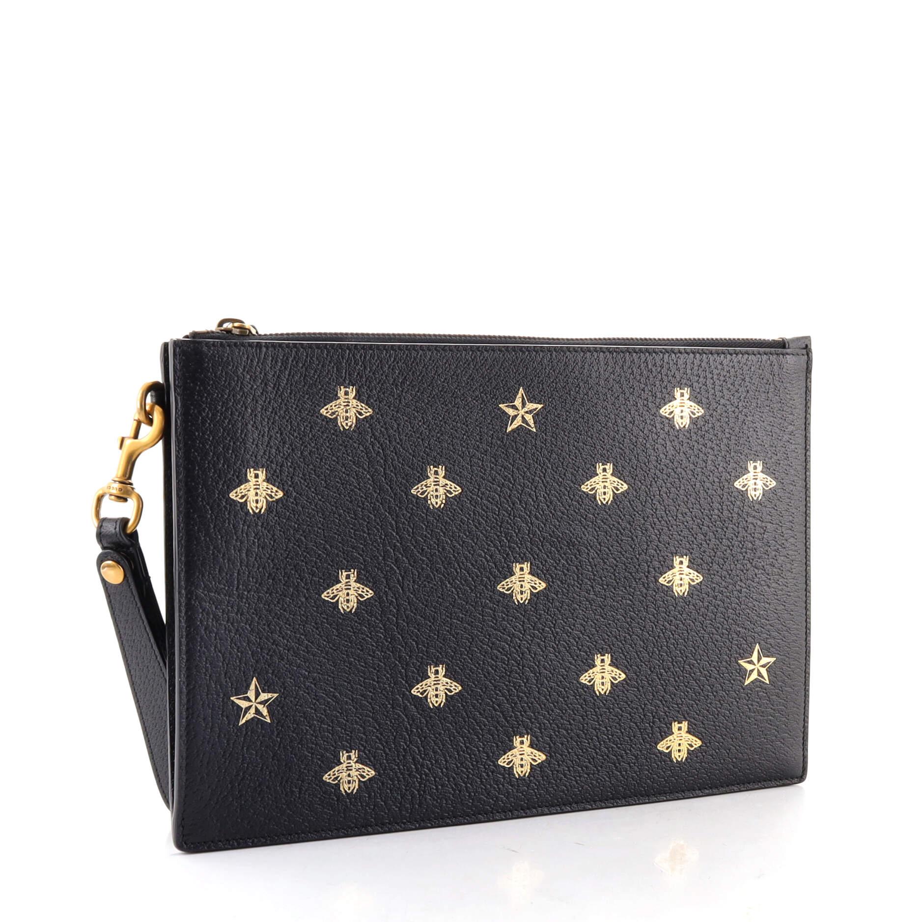 Black Gucci Bee Star Pouch Printed Leather Medium