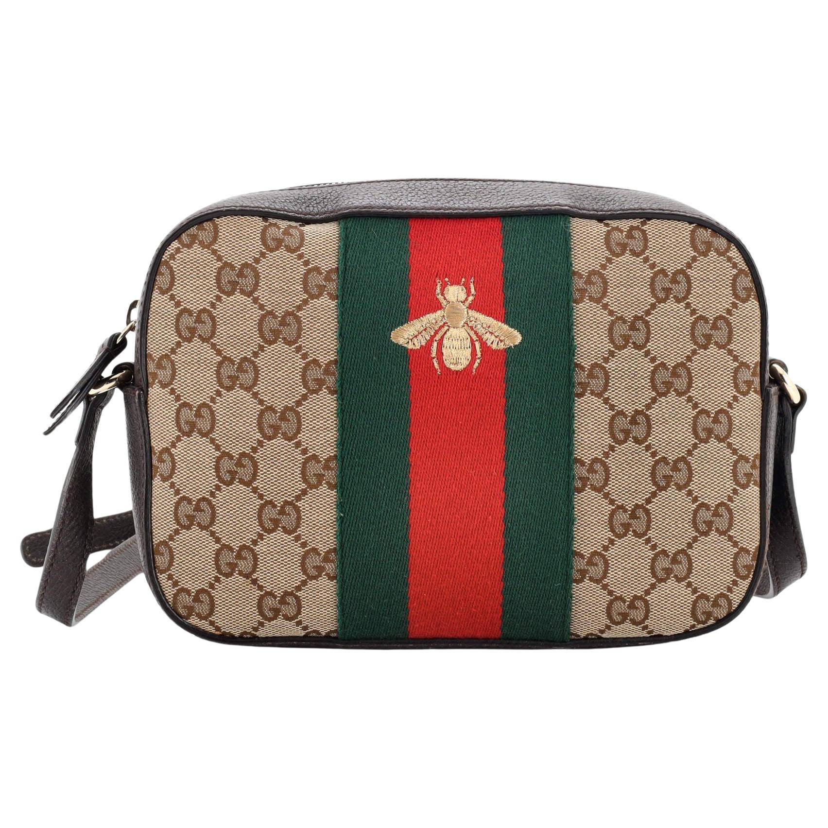 Gucci Line Bee-Embroidered Leather Cross-Body Bag in Brown