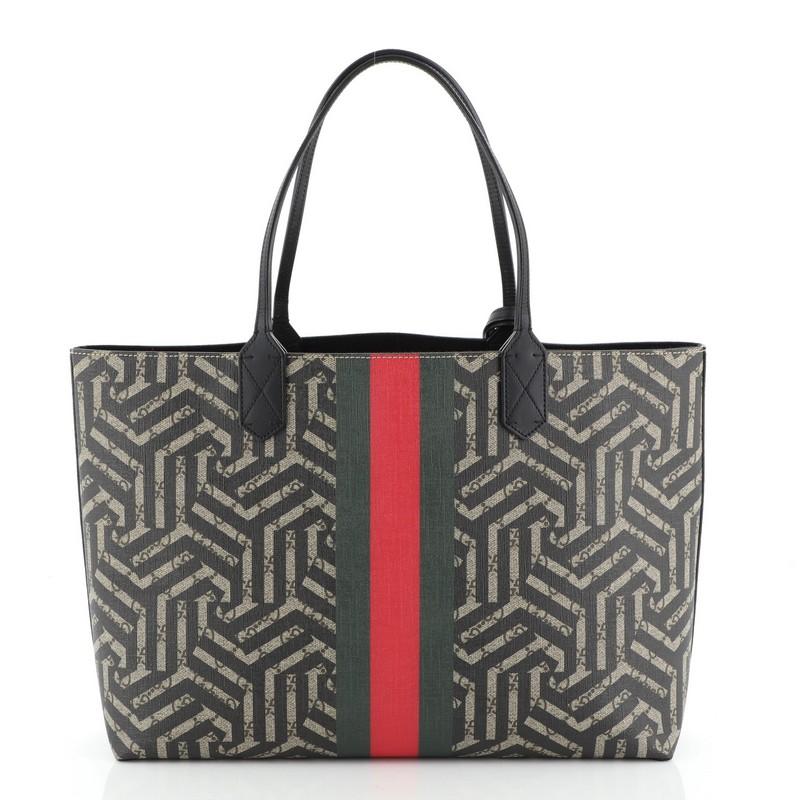 Gray Gucci Bee Web Shopping Tote Caleido Print GG Coated Canvas Medium