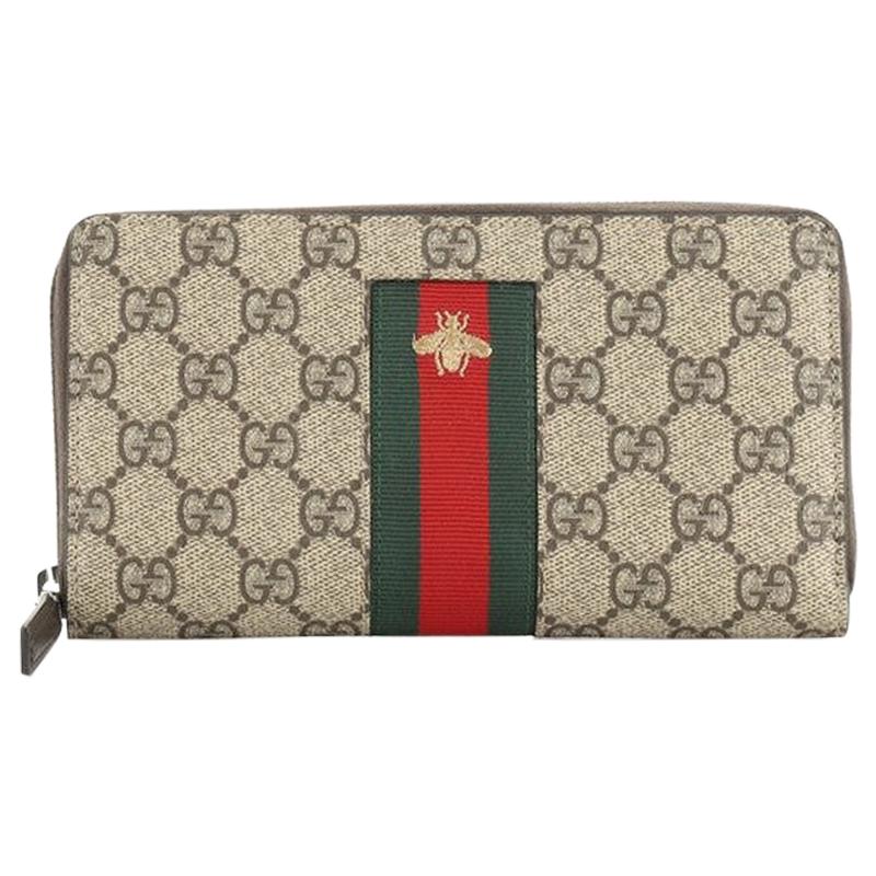 Gucci Bee Web Zip Around Wallet GG Coated Canvas
