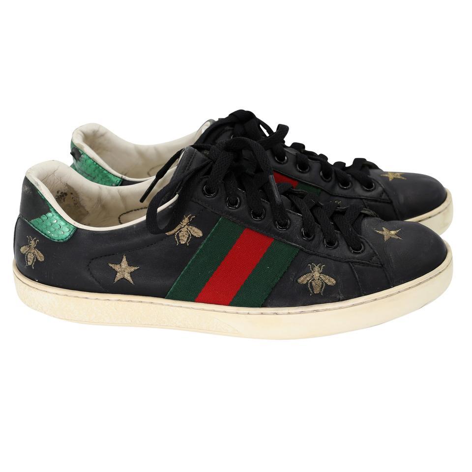 Black Gucci Bees and Stars 7 Leather Embroidered Low-Top Mens Sneakers GG-S0805P-0009 For Sale