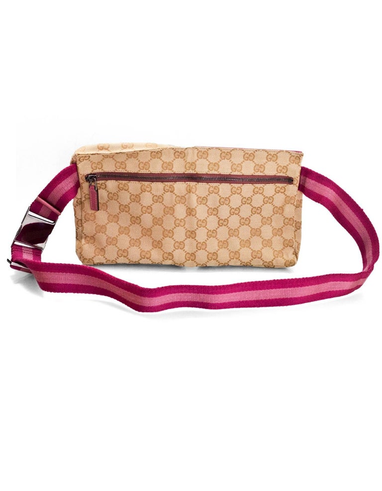 Gucci Beige and Pink Monogram Double Waist Pouch Belt Bag For Sale at 1stdibs