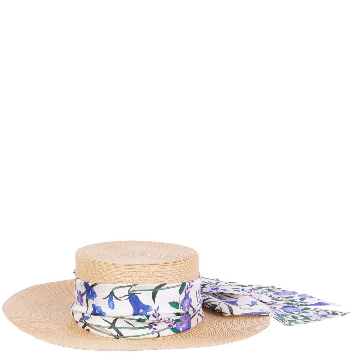 Gucci Alba wide brimmed beige straw hat floral-patterned silk ribbon around. Has been worn and is in excellent condition. 