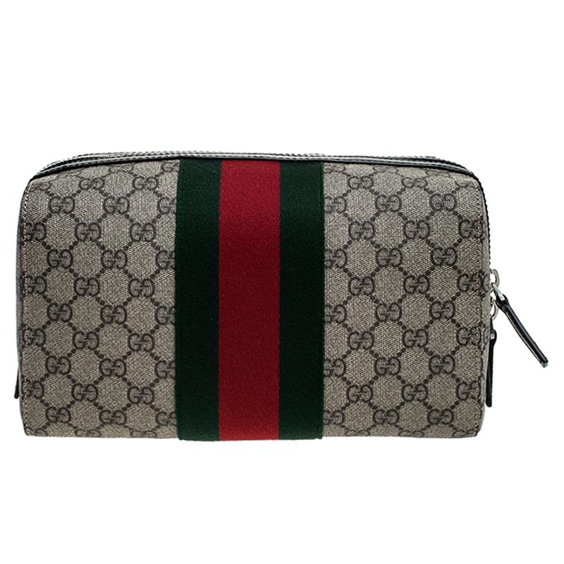 Now organizing your luggage has become easy with this toiletry pouch from Gucci. It is crafted with GG Supreme canvas and detailed with leather trims and the signature web trim. The top zipper opens to a nylon-lined interior designed with ample room