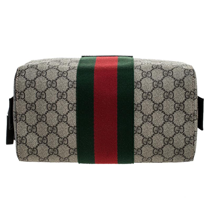Men's Gucci Beige/Balck GG Supreme Canvas and Leather Web Toiletry Pouch