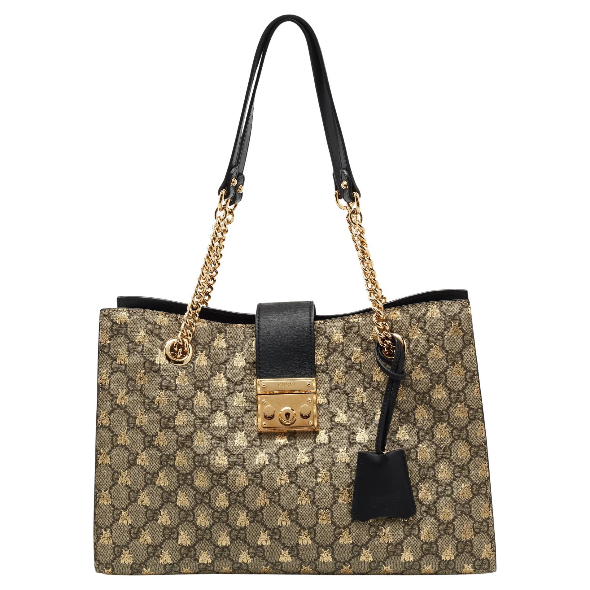 Gucci Black/Beige GG Supreme Canvas Medium Padlock Shoulder Bag at 1stDibs