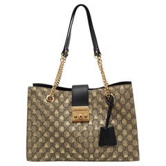 Gucci Beige/Black Bees GG Supreme Canvas and Leather Medium Padlock Tote