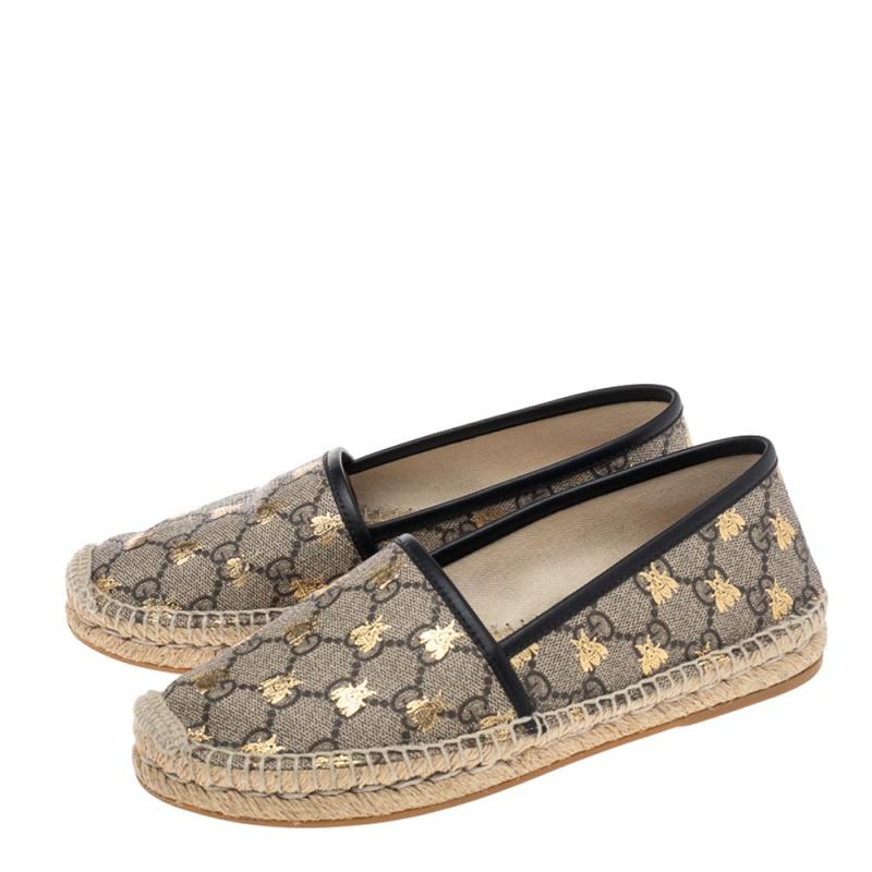 Brown Gucci Beige/Black Coated Canvas and Leather Bee Espadrilles Size 36.5