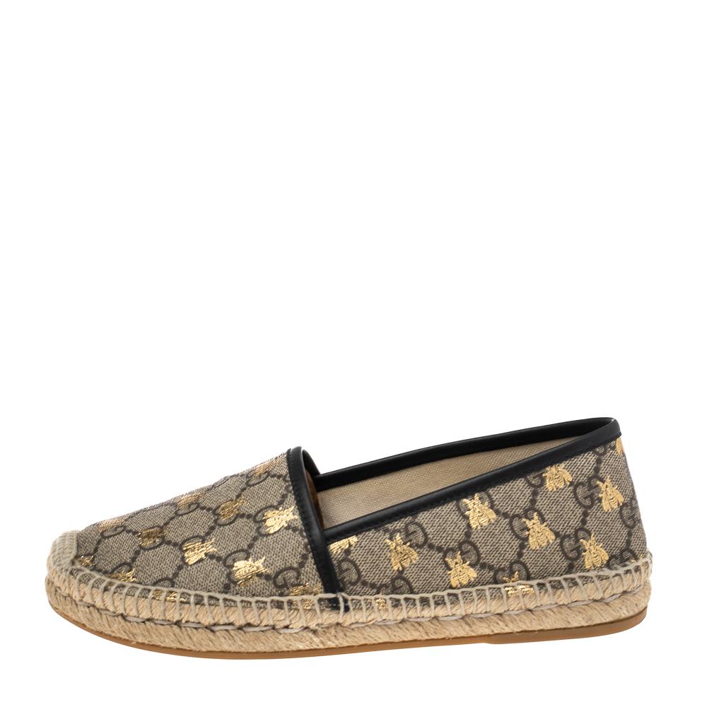 Women's Gucci Beige/Black Coated Canvas and Leather Bee Espadrilles Size 36.5