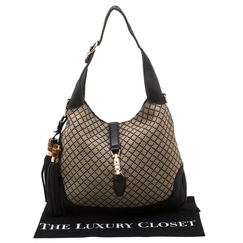 Gucci Beige/Black Diamante Canvas and Leather New Jackie Hobo 8