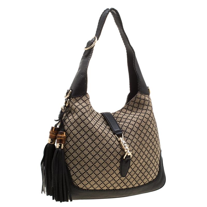 Women's Gucci Beige/Black Diamante Canvas and Leather New Jackie Hobo