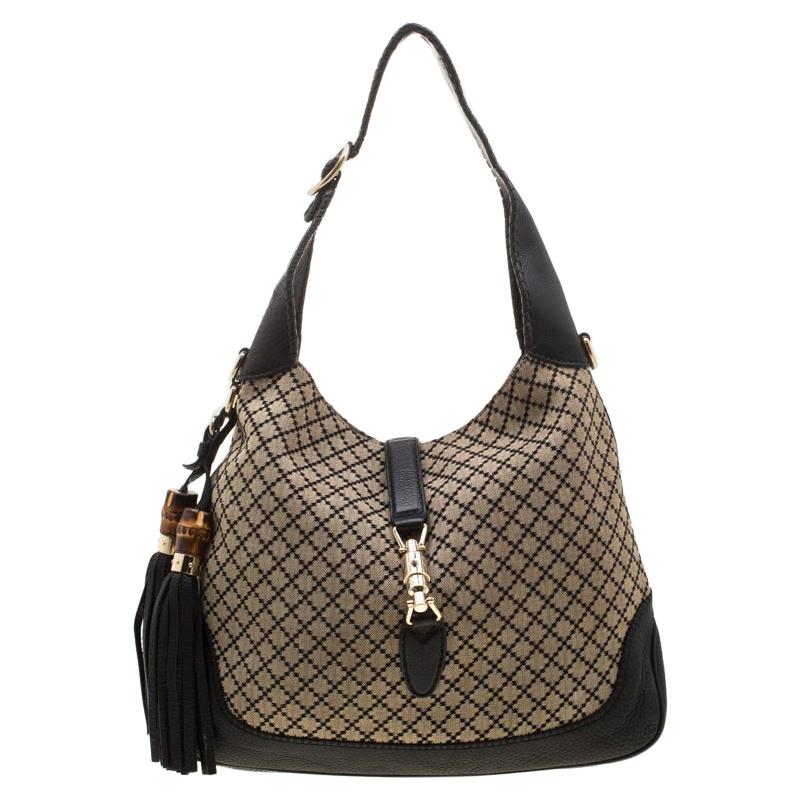 Gucci Beige/Black Diamante Canvas and Leather New Jackie Hobo