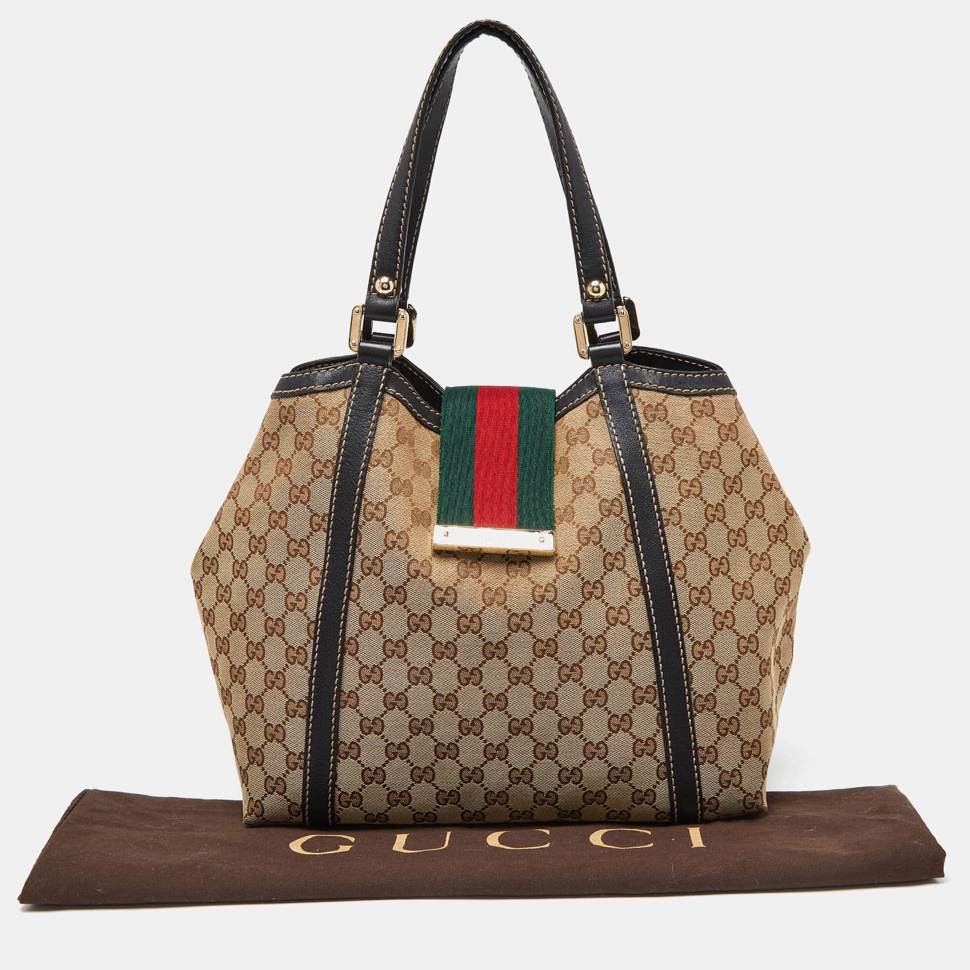 Gucci Beige/Black GG Canvas and Leather Medium New Ladies Web Tote 9