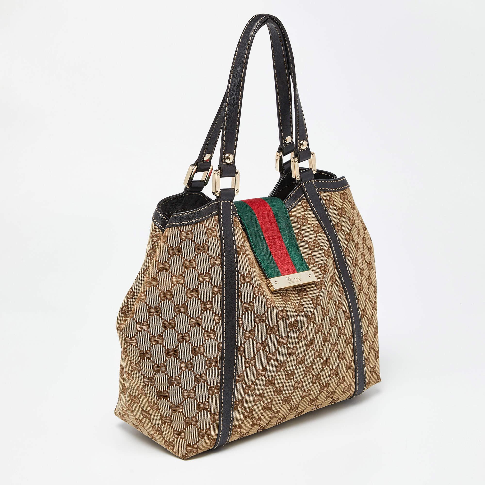 Gucci Beige/Black GG Canvas and Leather Medium New Ladies Web Tote In Fair Condition In Dubai, Al Qouz 2