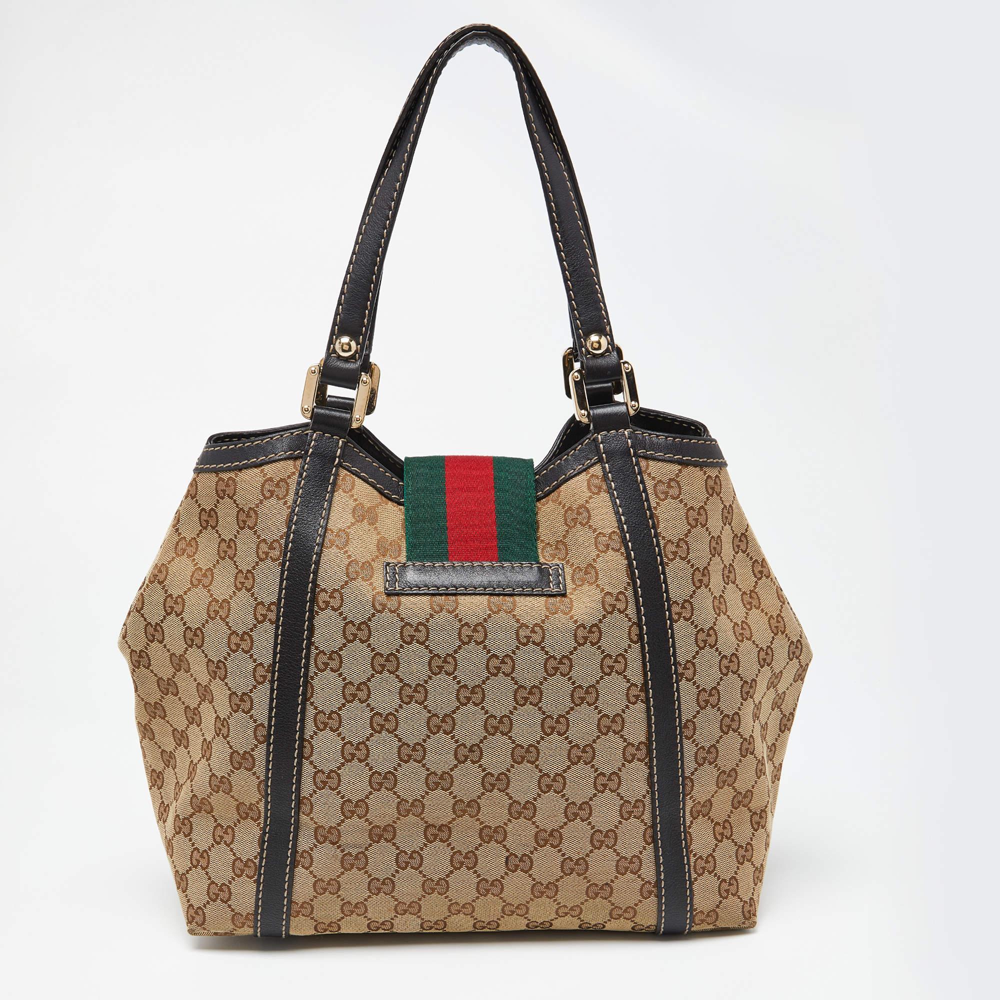 Women's Gucci Beige/Black GG Canvas and Leather Medium New Ladies Web Tote