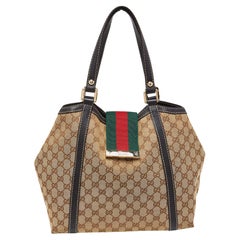 Gucci Beige/Black GG Canvas and Leather Medium New Ladies Web Tote