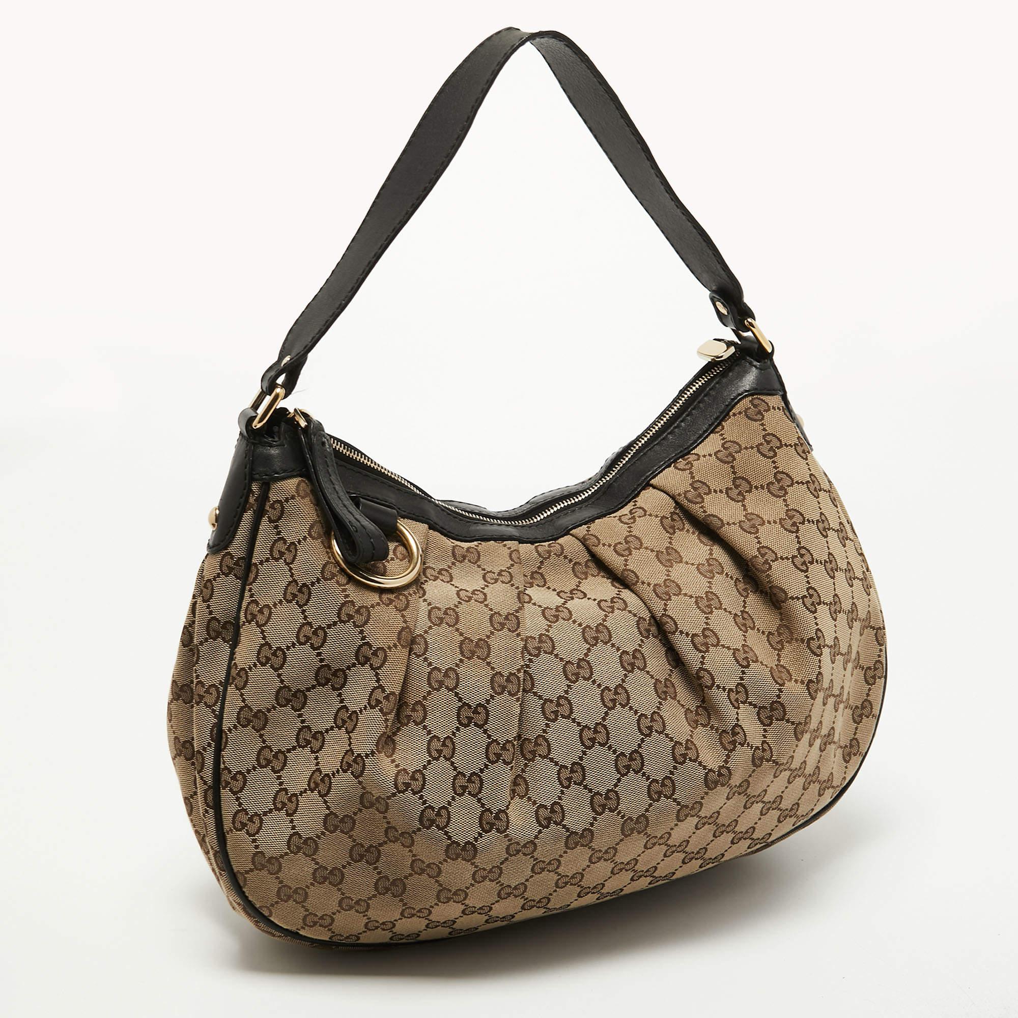 Women's Gucci Beige/Black GG Canvas and Leather Medium Sukey Hobo