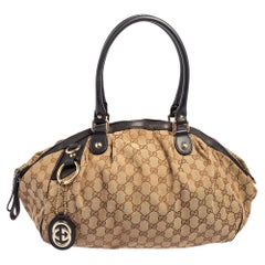 Gucci Beige/Black GG Canvas and Leather Medium Sukey Hobo