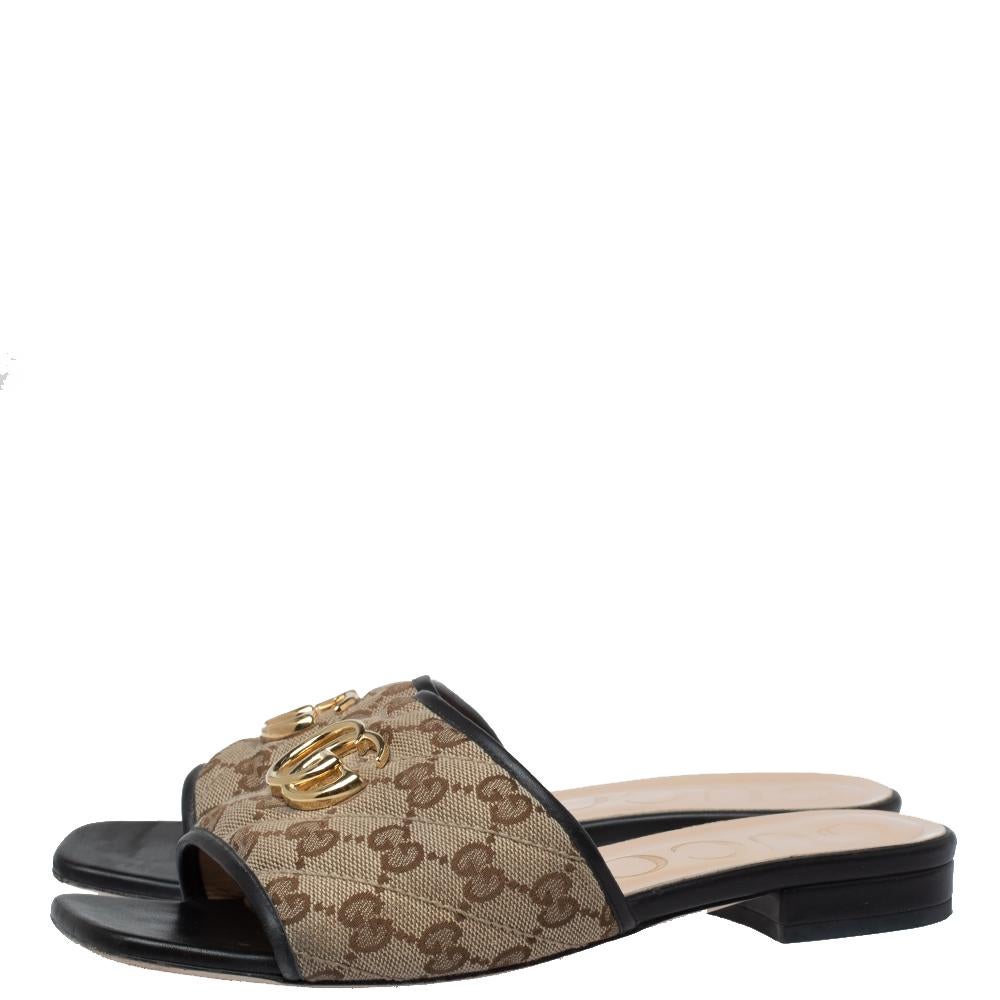 Gucci Beige/Black GG Canvas And Leather Slide Sandals Size 38 1