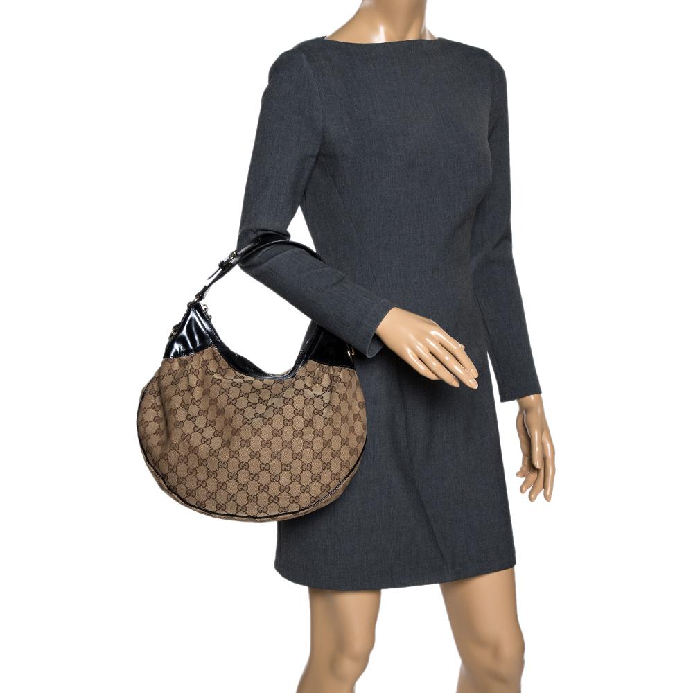 Gucci Beige/Schwarz GG Canvas und Lackleder Medium Full Moon Hobo (Braun)