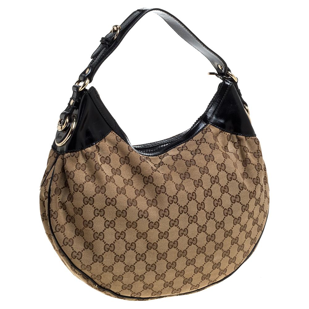 Gucci Beige/Schwarz GG Canvas und Lackleder Medium Full Moon Hobo im Zustand „Gut“ in Dubai, Al Qouz 2