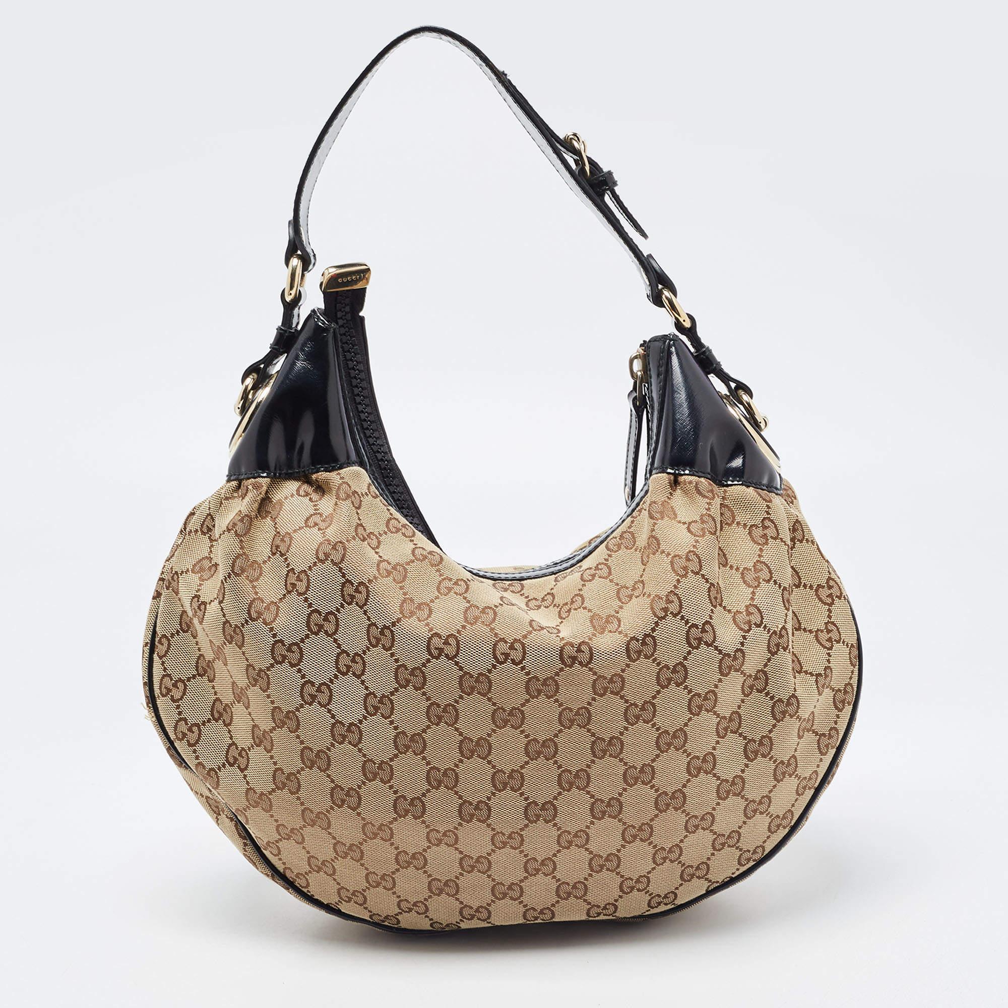 Gucci Beige/Black GG Canvas and Patent Leather Medium Full Moon Hobo 1