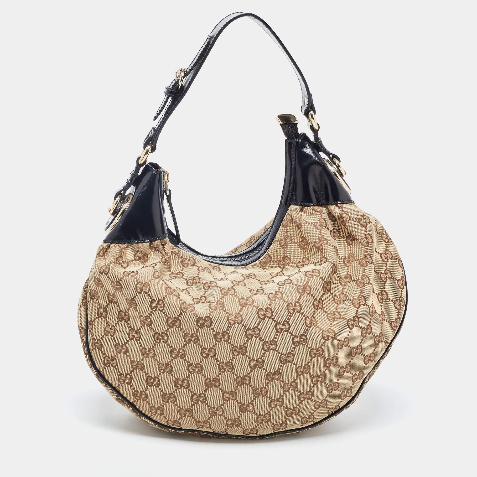 Gucci Beige/Black GG Canvas and Patent Leather Medium Full Moon Hobo 3