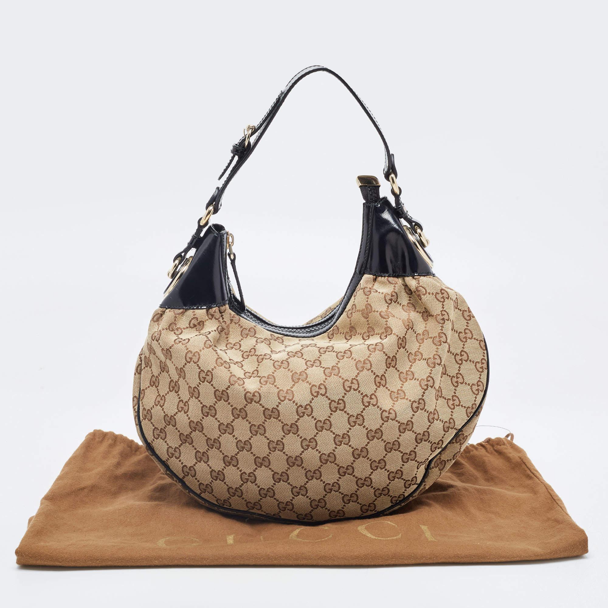 Gucci Beige/Black GG Canvas and Patent Leather Medium Full Moon Hobo 4