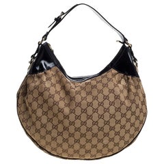 Gucci Beige/Schwarz GG Canvas und Lackleder Medium Full Moon Hobo