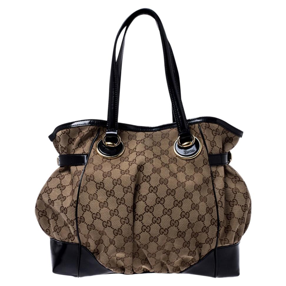 Gucci Beige/Black GG Canvas and Patent Leather Medium Full Moon Tote