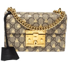 Gucci Beige/Black GG Supreme Bees Canvas and Leather Small Padlock Shoulder Bag