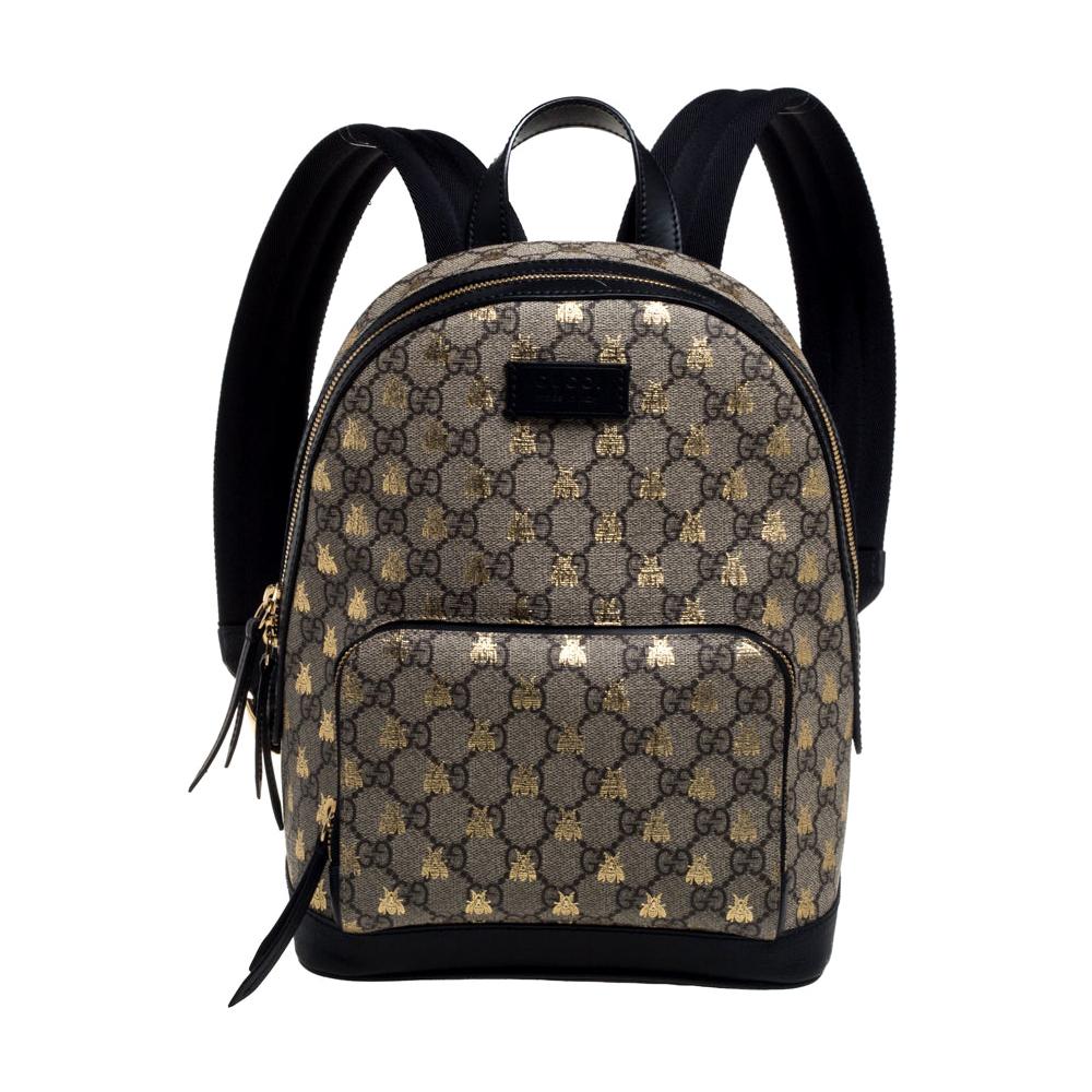 Gucci Beige/Black GG Supreme Canvas and Leather Bees Backpack