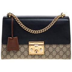 Gucci Beige/Black GG Supreme Canvas and Leather Medium Padlock Shoulder Bag